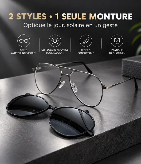 Lunettes Homme 2-en-1 Aviateur avec Clip Solaire Amovible — photo 6