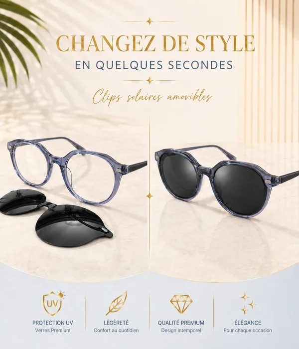 Lunettes Femme 2-en-1 Bleu Cristal – Clips Solaires Amovibles — photo 4
