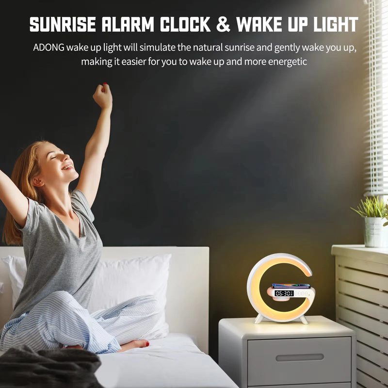 GRAND G : Haut-parleur veilleuse multifonctionnelle avec réveil haut-parleur chargeur sans fil Bluetooth lampe à LED — photo 6