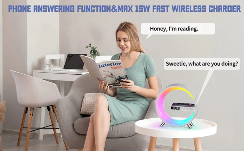 GRAND G : Haut-parleur veilleuse multifonctionnelle avec réveil haut-parleur chargeur sans fil Bluetooth lampe à LED — photo 7