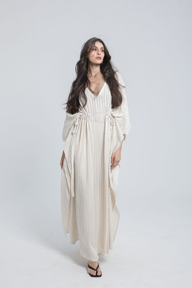 Ensemble Robe et pantalon en lin à rayures couleur sable — photo 4