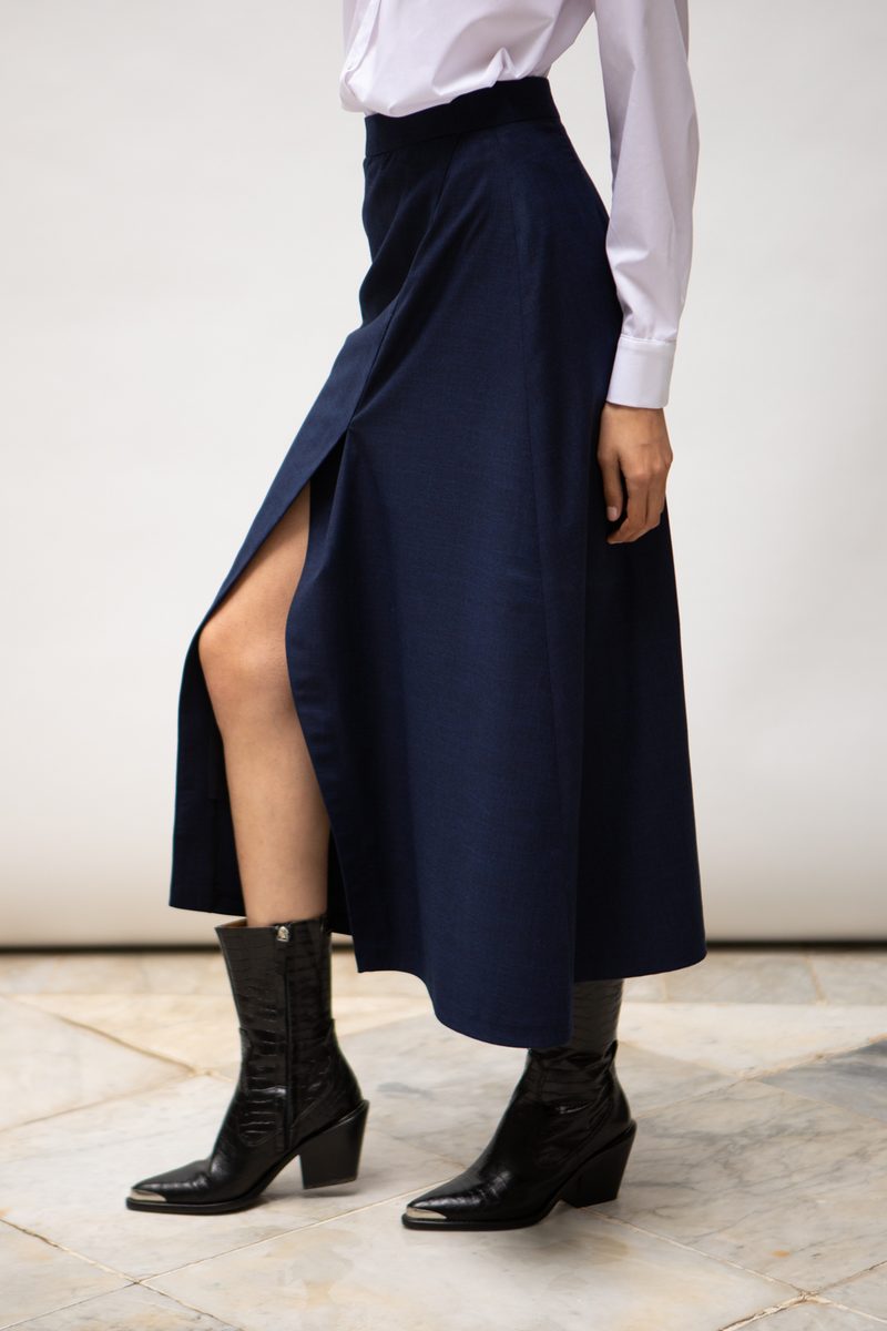 Jupe évasée flanelle bleue avec fente — photo 3