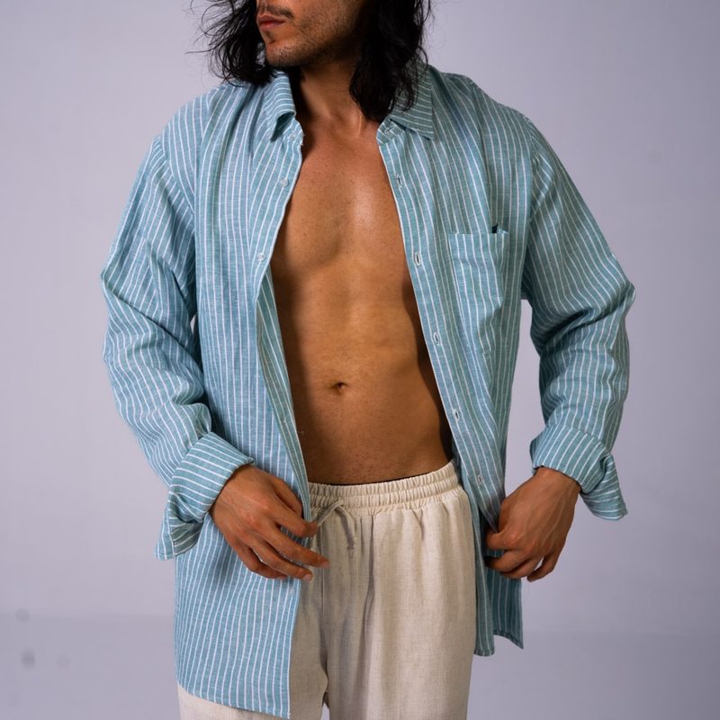 Oversized Linen Shirt Green Stripes — photo 3