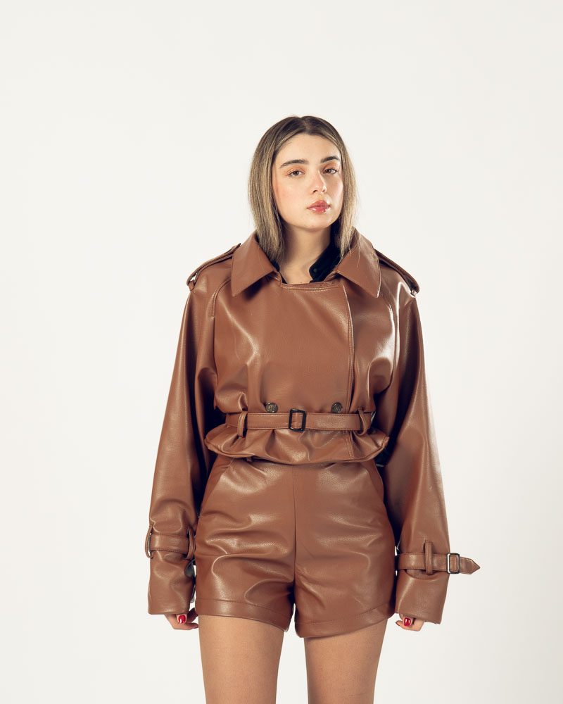 Faux Leather Trench Jacket Brown — photo 5