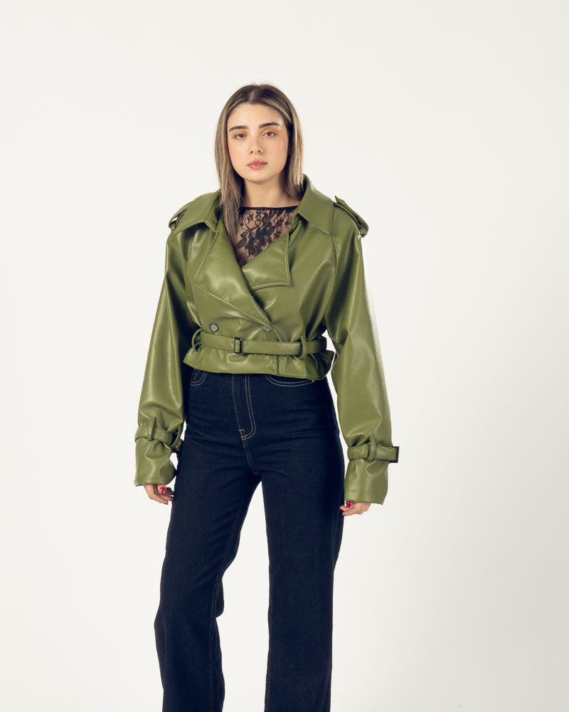 Faux Leather Trench Jacket Green — photo 2