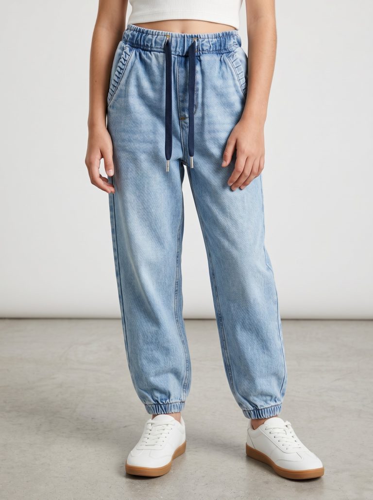 JEAN JOGGER FILLETTE STONE WASH ÉLASTIQUE ET CORDON 100% COTON — photo 2