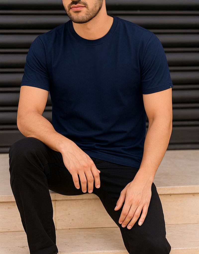 T-shirt 100% Coton Stretch Top Qualité Col Rond Noir – Tissu Importé — photo 3